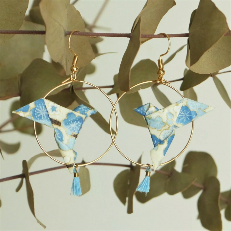 Boucles d'oreilles Origami Créoles Colombes fleurs bleues