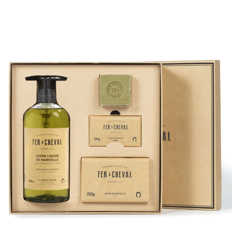 Coffret cadeau Savon de Marseille - 100% pur olive - Fer à Cheval - Boite ouverte